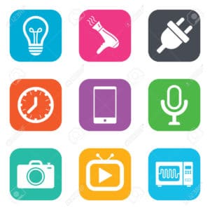 Home appliances, device icons. Electronics signs. Lamp, electrical plug and photo camera symbols. Flat square buttons. Vector